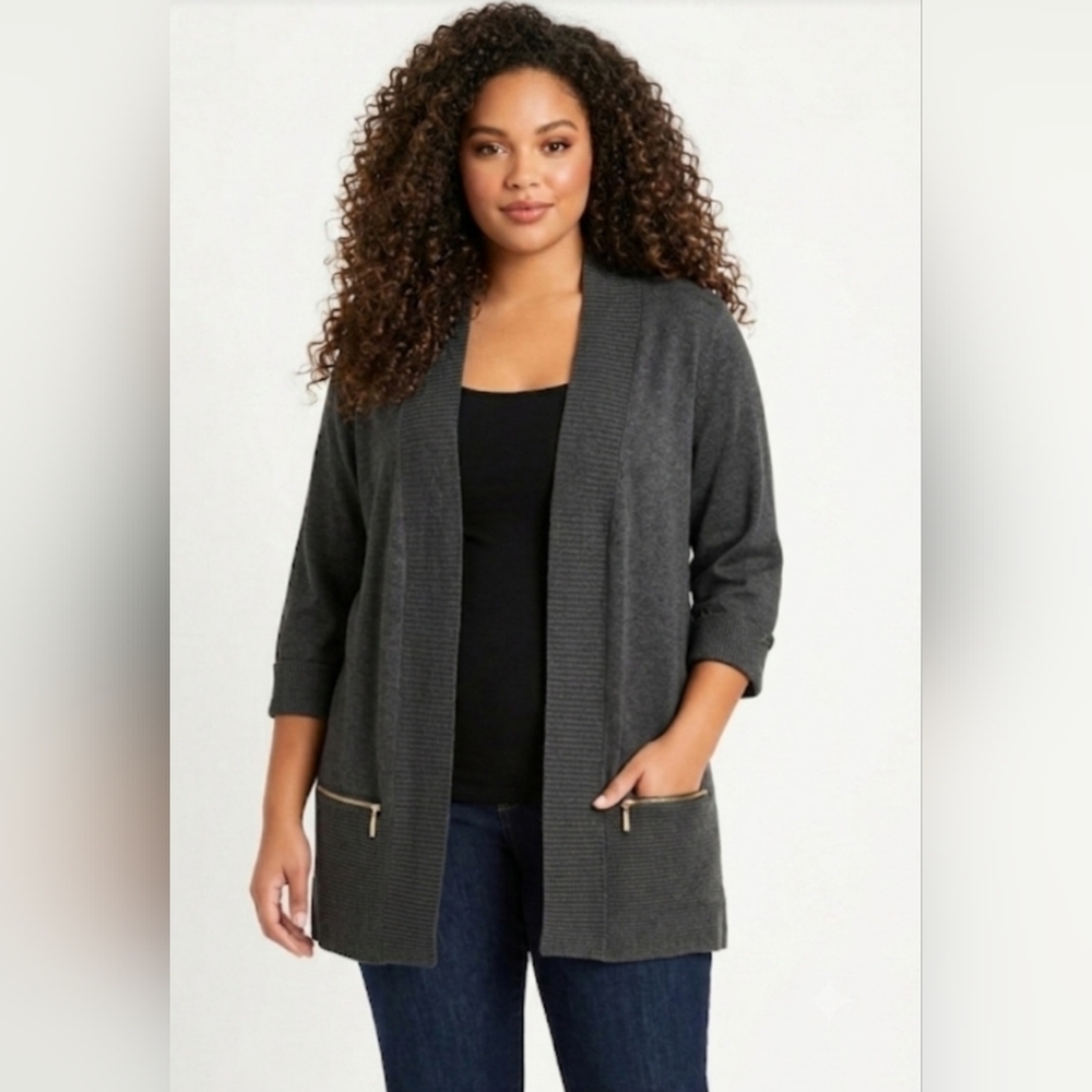 ✨NWOT Joan Vass Grey Knit Open Front Cardigan Zipper Accent Plus Size 1X